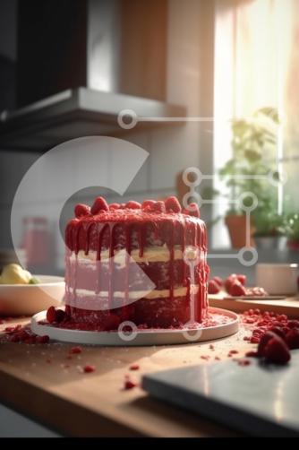 Deliziosa torta Red Velvet con lamponi e glassa al cioccolato foto stock