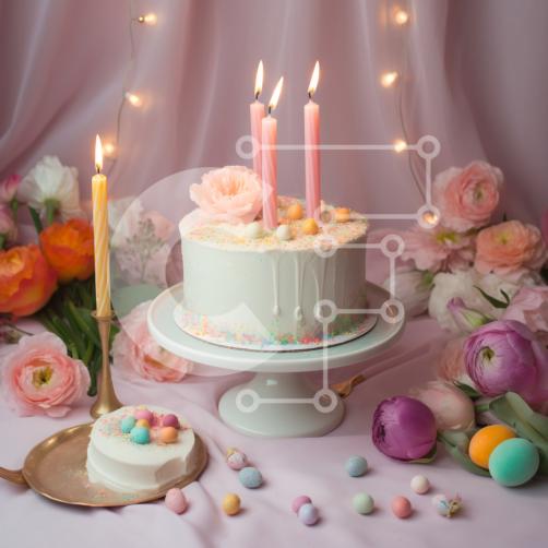 Torta di Compleanno con Candele e Fiori su un Tavolo foto stock