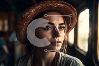 Bellissima foto di una donna con un cappello di paglia che guarda fuori dal  finestrino di un treno foto stock