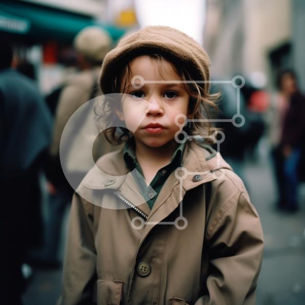 Young Boy in Trench Coat and Hat on City Street Stock Photo stock photo Creative Fabrica