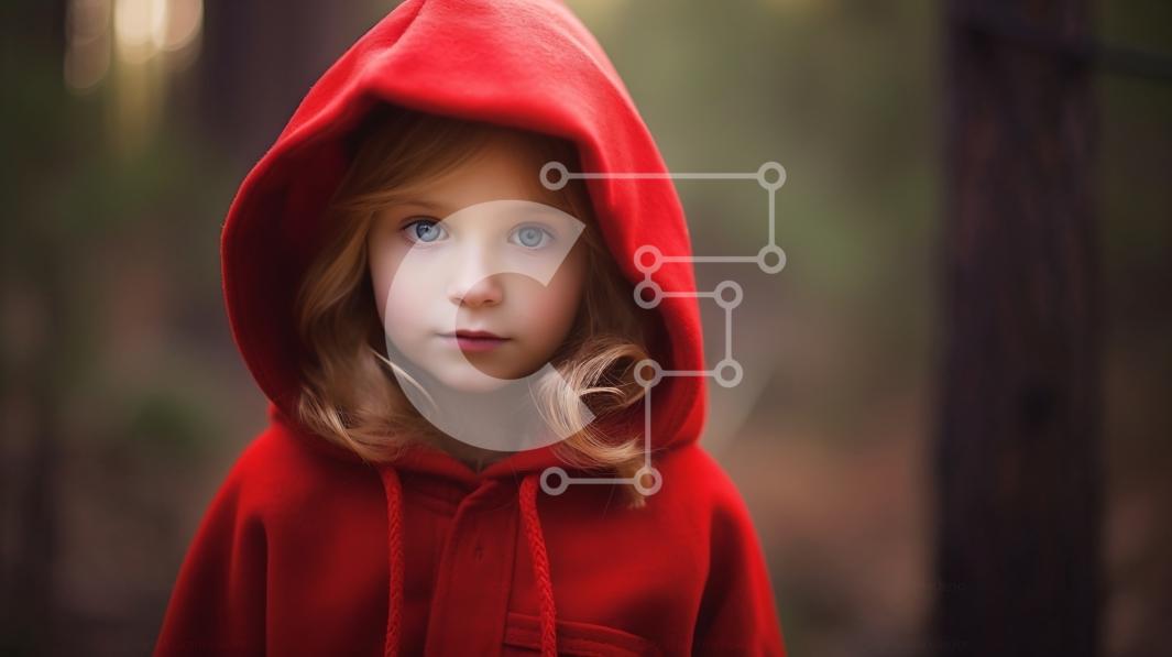 Beautiful Picture of a Young Girl in Red Hoodie Standing in a Forest