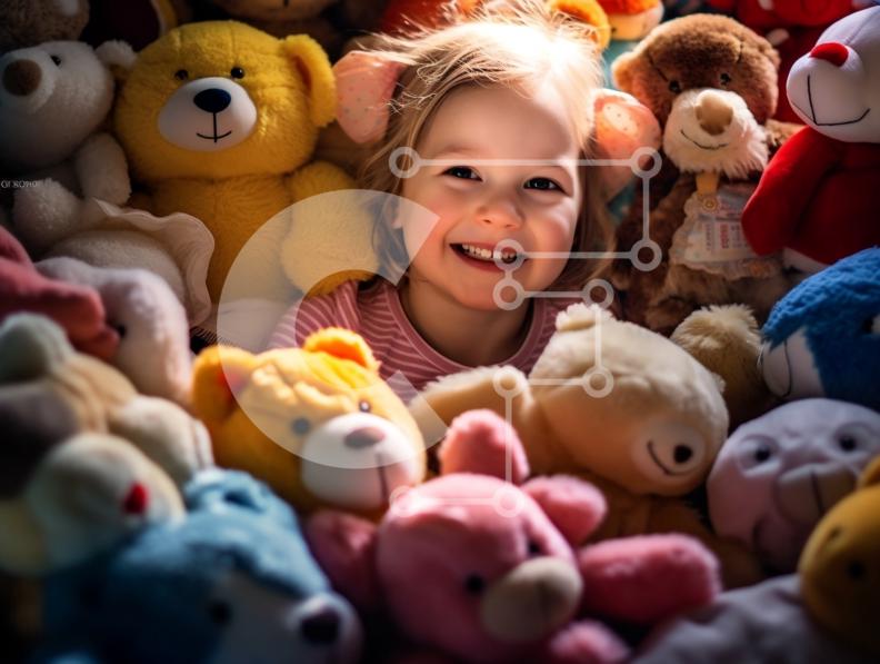 Adorable picture of a smiling girl with her stuffed animals stock photo ...