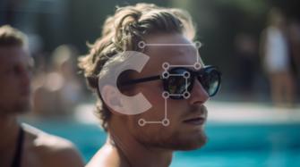 Hombre con gafas de sol junto a una piscina con amigos fotos de archivo
