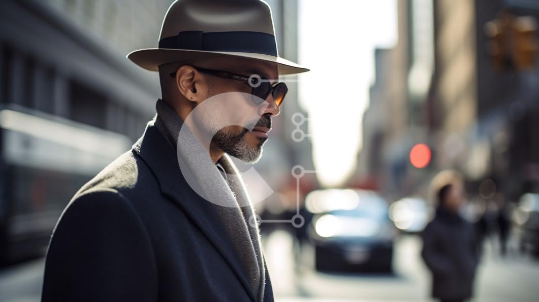 Stylish Man in Suit and Hat Walking Down City Street stock photo ...