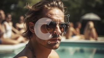 Relajándose en la piscina: hombre con gafas de sol sentado con