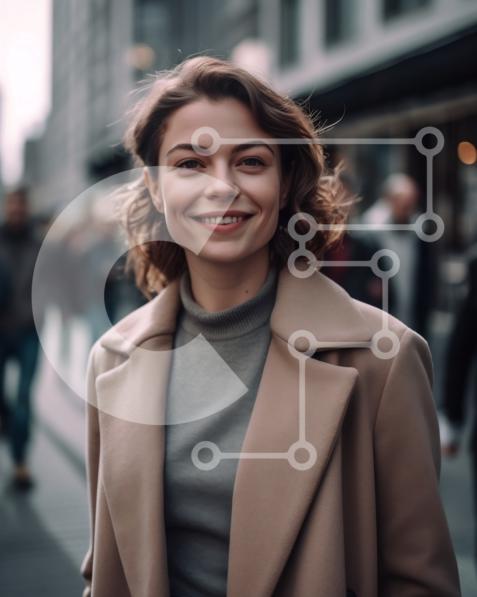 Smiling Woman in Beige Coat on Busy City Street Stock Photo stock photo ...