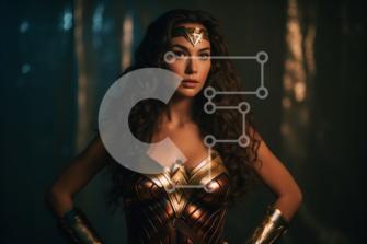 Stupenda donna in costume di Wonder Woman su sfondo scuro foto