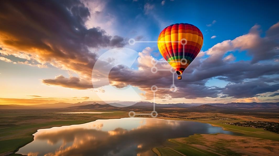 Beautiful Sunset Landscape with Hot Air Balloon over a Lake stock photo ...