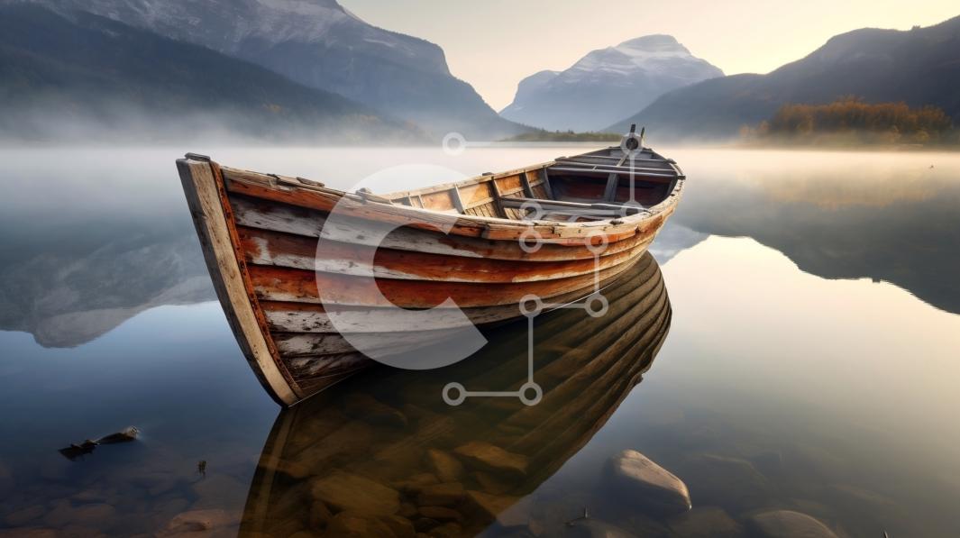 Peaceful scenery of a wooden boat moored on a calm lake surrounded by ...