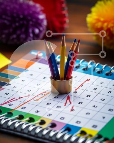 Matite colorate sopra un calendario - Foto stock foto stock