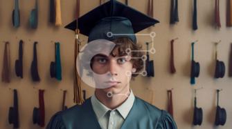 Immagine di laurea di un giovane uomo con berretto e toga foto stock