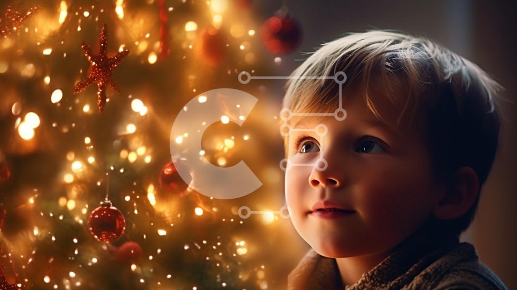 A Magical Moment Young Boy Captivated by Christmas Tree Lights stock