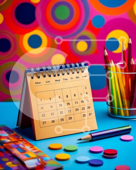 Colorful Desk with Calendar and Stationery stock photo | Creative Fabrica
