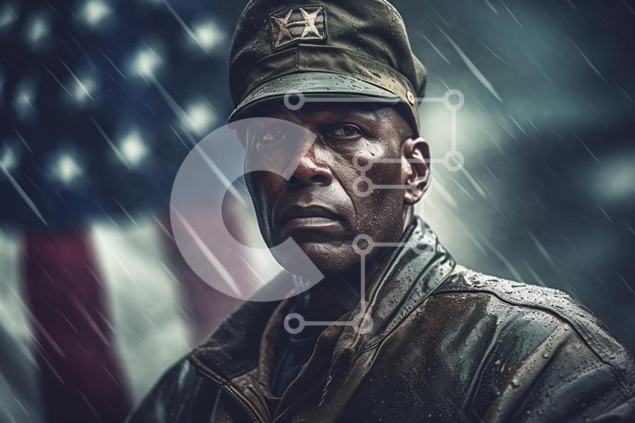 Uomo in divisa militare con bandiera americana sullo sfondo foto stock