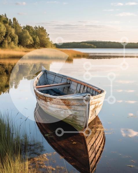 Serene Picture of Wooden Boat on a Lake During Sunset stock photo ...