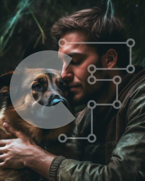 Heartwarming Picture of a Man and His Dog Embracing in the Woods stock ...