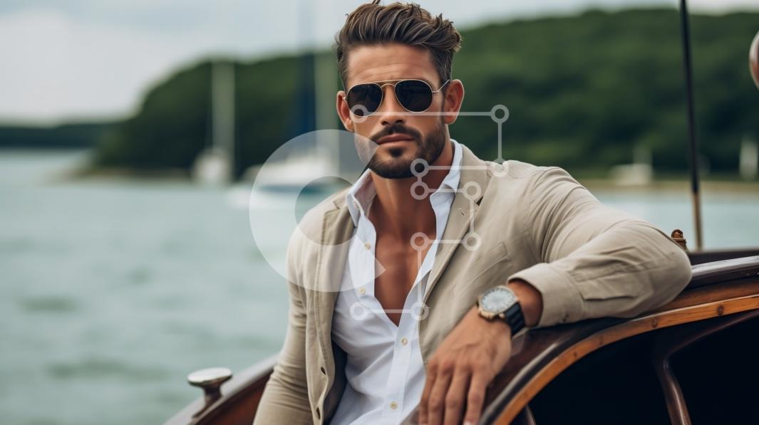 Relaxed Man on Boat in Sunglasses and Beige Jacket stock photo ...