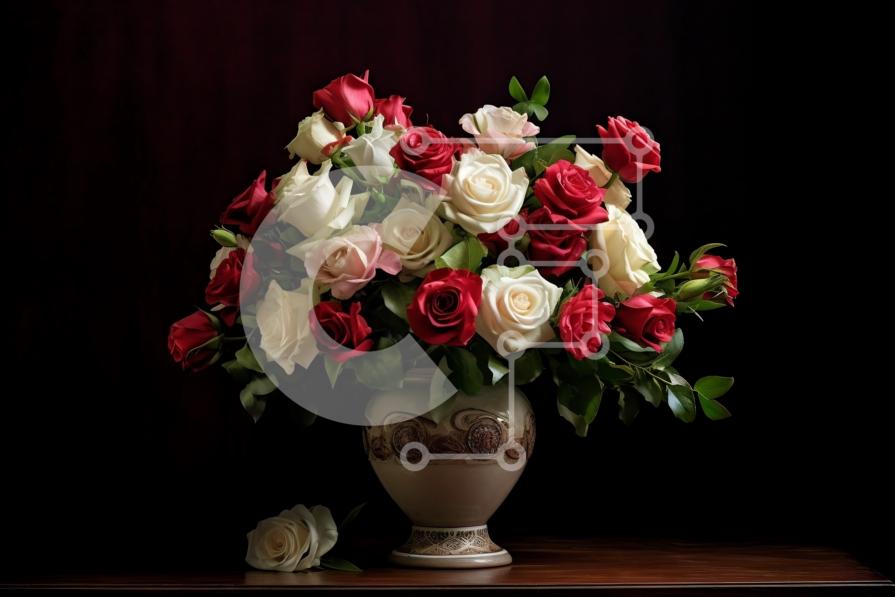 Bellissima immagine di un vaso pieno di rose rosse e bianche su un