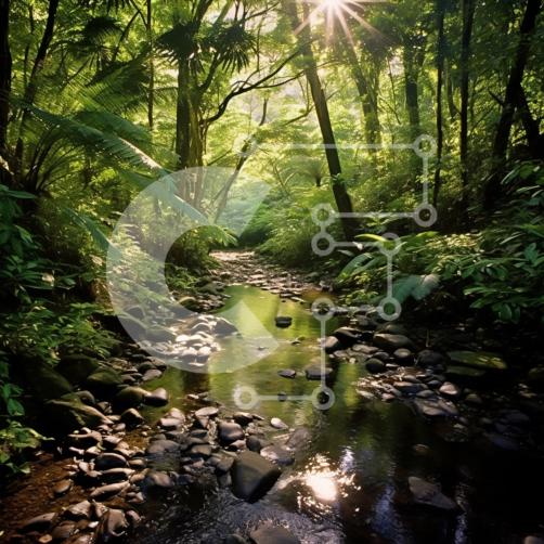 Água cristalina e luz solar filtrada em um riacho denso na floresta banco  de imagens