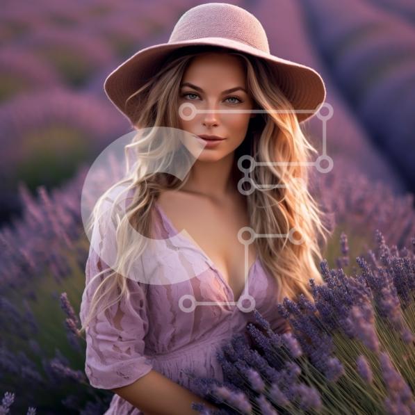 Beautiful Picture of a Woman in a Pink Dress Standing in a Lavender