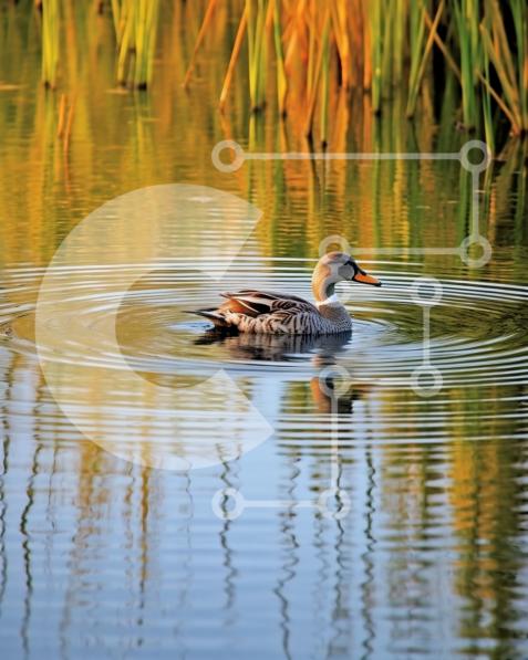 Beautiful Picture of a Duck Swimming in a Pond with Reeds stock photo ...