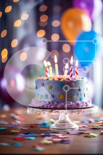 Torta di compleanno colorata con candele e palloncini foto stock