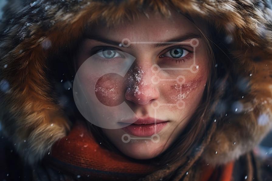 Stylish Woman Wearing a Fur Hood in the Snow stock photo Creative Fabrica