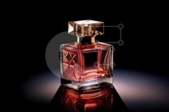 Red Chanel No. 5 Perfume Bottle with Golden Cap stock photo