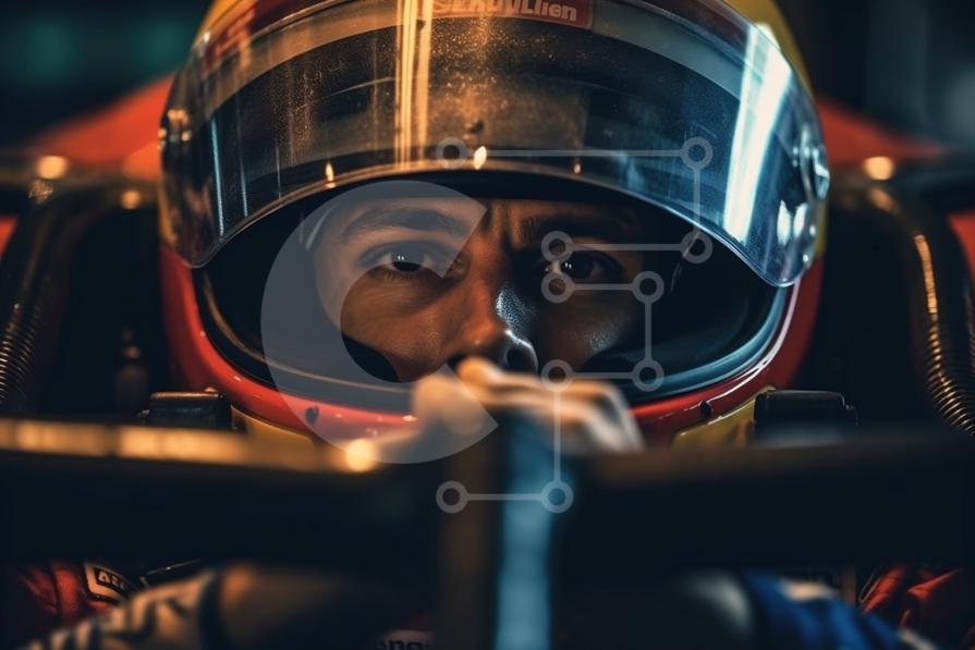 ActionPacked Image of a Driver Wearing a Racing Helmet and Driving a