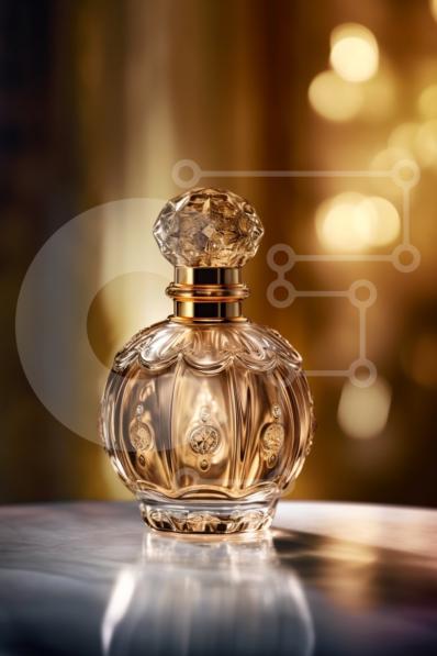Elegant Golden Perfume Bottle on a Table with Blurred Lights in the ...