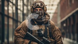 Soldato militare in mimetica e maschera antigas in vicolo foto stock