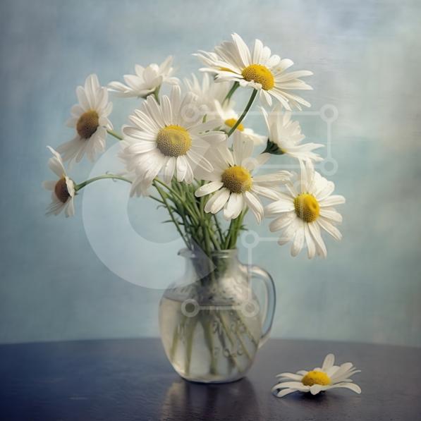 Beautiful Picture of White Daisies in a Vase on a Table stock photo