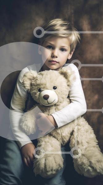 Sad young boy holding a teddy bear stock photo | Creative Fabrica