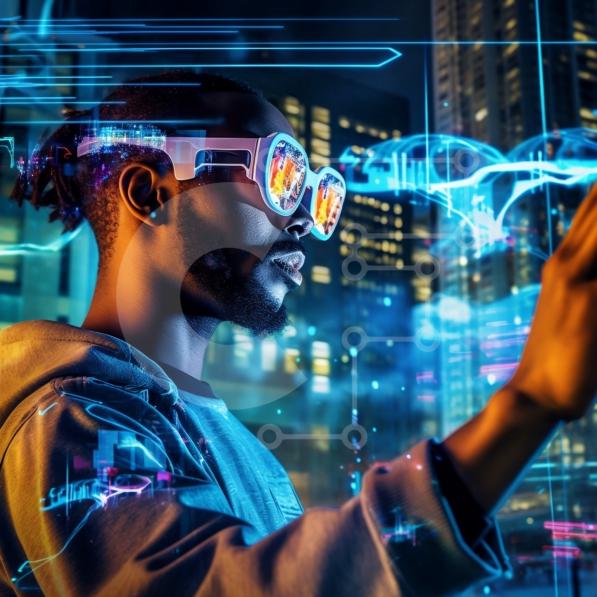 Tecnología futurista: hombre con gafas y tableta frente al horizonte de la  ciudad por la noche fotos de archivo