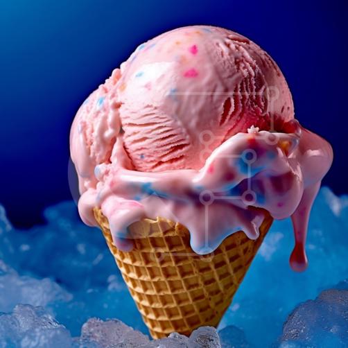 Delicious Pink Ice Cream with Sprinkles in a Waffle Cone on Blue