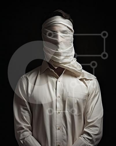 Mysterious image of a blindfolded man in a dark room stock photo