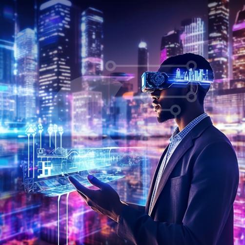 Tecnología futurista: hombre con gafas y tableta frente al horizonte de la  ciudad por la noche fotos de archivo