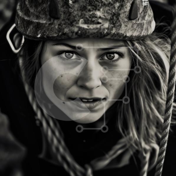Professional Climbing Image of a Woman with Helmet and Rope stock photo