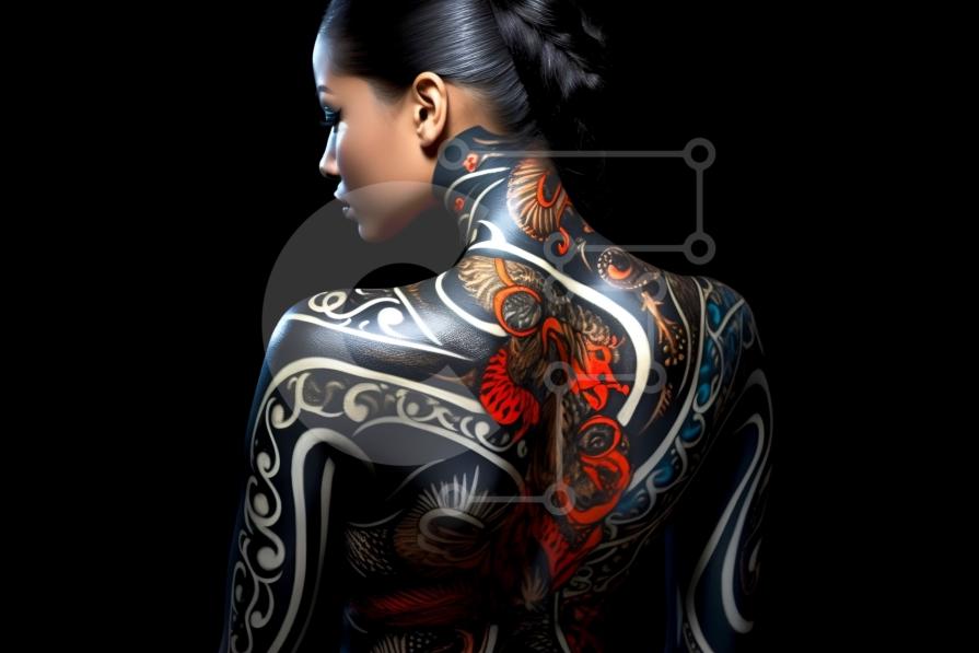 Stunning Full-Body Dragon Tattoo on a Woman's Back stock photo