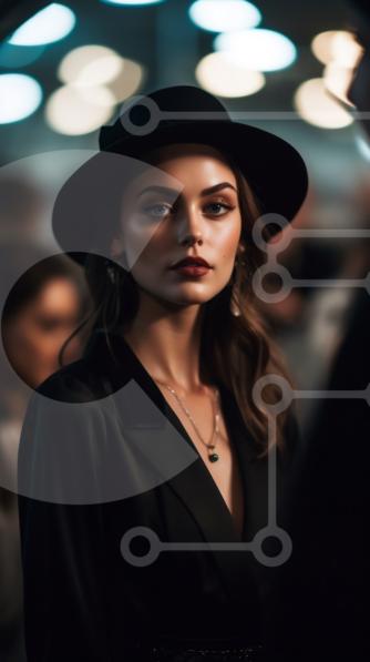 Serious Woman in Black Hat and Dress Looking Directly at Camera stock ...