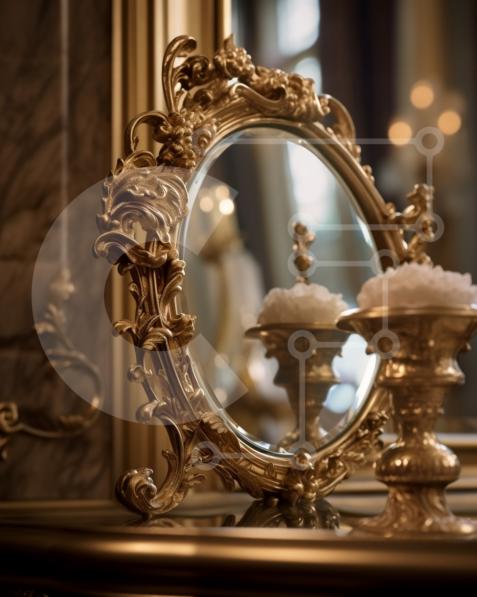 Luxurious Bathroom with Ornate Gold Mirror and Marble Vanity stock photo | Creative Fabrica
