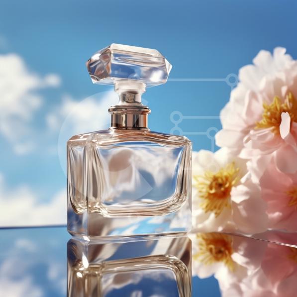 Botella de perfume elegante y moderna sobre fondo de espejo fotos de archivo