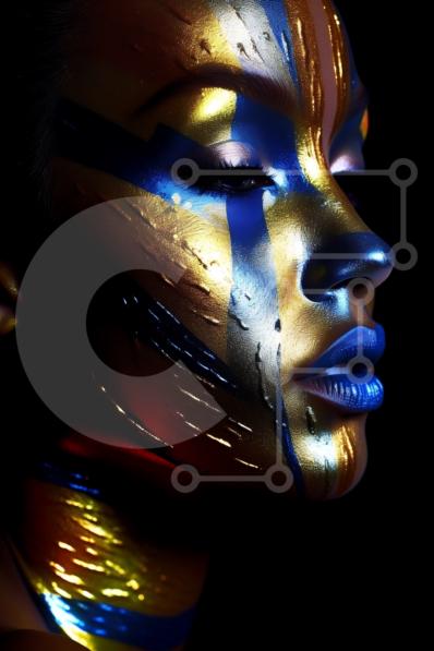 Beautiful Woman with Blue and Gold Metallic Face Paint stock photo