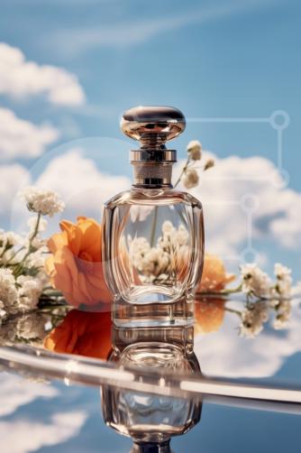 Elegante y con estilo: botella de perfume Chanel No. 5 sobre una superficie  de espejo fotos de archivo