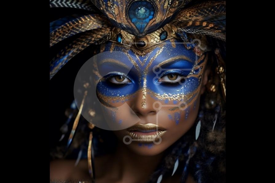 Stunning Image of Woman with Blue and Gold Face Paint and Feathers in