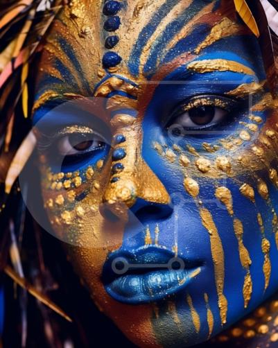 Stunning Woman with Blue and Gold Face Paint and Feathers in Her