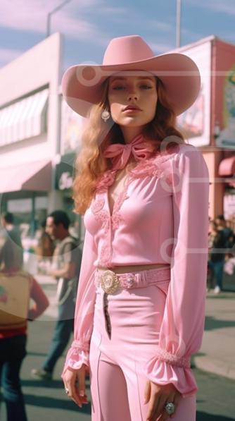 Stilvolle Frau in rosa Outfit und Cowboyhut auf einer Stadtstraße