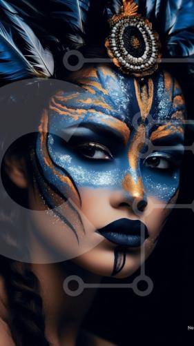 Stunning Woman with Blue and Gold Face Paint and Feathers in Her