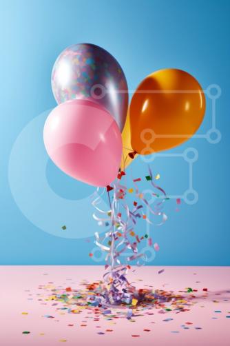 Celebra con palloncini colorati e coriandoli su uno sfondo blu foto stock