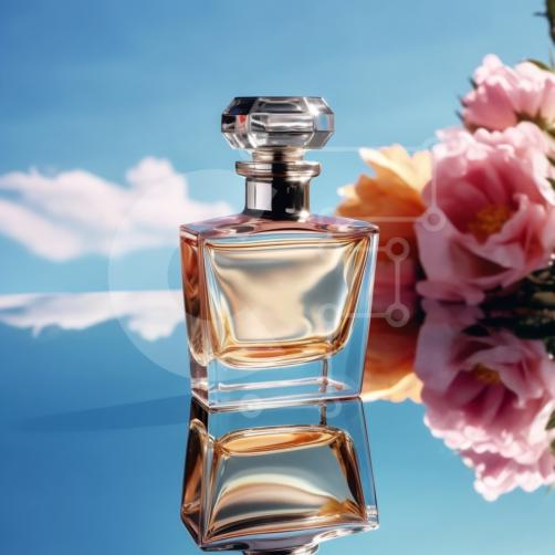 Vibrant Image of Chanel No. 5 Perfume Bottle with Pink Flower and Blue Sky  stock photo